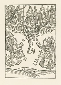 Siedmiu aniołów z krzyżem i sześcioma kluczami, którymi otworzyli Niebo dla sześciu dzieł Miłosierdzia, przyjmuje duszę do Nieba autorstwa Albrecht Dürer or Duerer