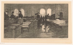 Wnętrze Vismarkt na Nieuwmarkt w Amsterdamie Aukcja ryb w Amsterdamie (oryginalny tytuł obiektu) autorstwa Albrecht Felix Reicher (signed by artist)