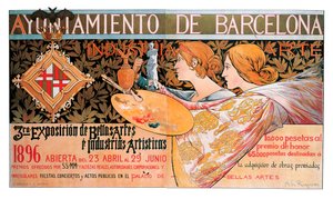 Plakat do trzeciej „Ekspozycji Sztuk Pięknych i Przemysłów Artystycznych” w Barcelonie w 1896 – Litografia Alexandre de Riquer i Ynglada (1856-1920)