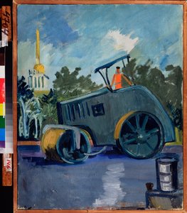 Nawierzchnia asfaltowa. (Maszyna układa asfalt na ulicy). Obraz Aleksandra Izaakowicza Rusakowa (1898-1952), olej na płótnie autorstwa Aleksandr Isaakovich Rusakov