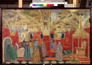 Na Kremlu. Rysunek przygotowawczy do opery Borys Godunow Modesty Musorgskiego (1839-1881) (Na Kremlu. Scenografia do opery Borys Godunow M. Musorgskiego). Dzieło Aleksandra Jakowlewicza Gołowina (Aleksander Gołowin) (1863-1930), akwarela i autorstwa Aleksandr Jakovlevic Golovin
