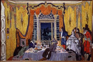 Dekoracja przygotowawcza do opery „Le guest de pierre” Aleksandra Dargomyjskiego (1813-1869) (projekt scenografii do opery Kamienny gość, A. Dargomyzhsky). Obraz Aleksandra Jakowlewicza Gołowina (Aleksander Gołowin) (1863-1930), olej na drewnie autorstwa Aleksandr Jakovlevic Golovin