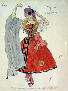 Projekt kostiumu do opery Carmen Georgesa Bizeta (1838-1875) (projekt kostiumu do opery Carmen G. Bizeta). Praca Aleksandra Jakowlewicza Gołowina (Aleksander Gołowin) (1863-1930), tusz i akwarela na papierze