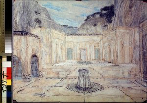 Scenografia do tragedii Antygona według Sofoklesa (496 pne-406 pne) (Scenografia do tragedii Antygona według Sofoklesa). Publiczny plac otoczony zabytkowymi budynkami w górskim krajobrazie. Praca Aleksandra