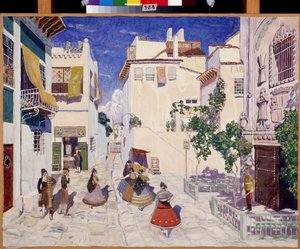 Une rue a Sewilla (Hiszpania), Dekoracja do opery Carmen Georgesa Bizeta (1838-1875) (Ulica A w Sewilli, Scenografia do opery Carmen G. Bizeta). Praca Aleksandra Jakowlewicza Gołowina (Aleksander Gołowin) (1863-1930), tempera na papierze