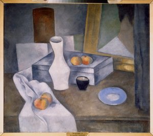 Martwa natura z jabłkami i niebieskim spodkiem (Martwa natura z jabłkami i niebieskim spodkiem) - Dzieło Aleksandra Wasiljewicza Szewczenki (Aleksandre Chevtchenko) (1883-1948), olej na tekturze, ok. 1910 r. - Sztuka rosyjska, XX wiek, awangarda - Państwo 