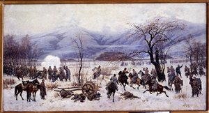 Wojna rosyjsko-turecka (rosyjsko-turecka) (1877-1878): Czwarta bitwa o przełęcz Szipka w Bułgarii od 5 do 9 stycznia 1878 r. (Czwarta bitwa o przełęcz Szipka). Obraz Aleksieja Danilowicza Kiwszenko (1851-1895)