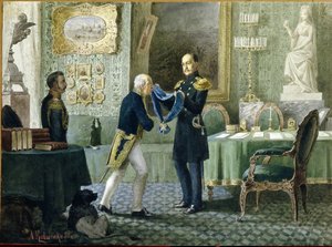 Cesarz Rosji Mikołaj I (1796-1855) wręcza Błękitną Wstęgę Orderu Świętego Andrzeja hrabiemu Michaiłowi Sperańskiemu (1772-1839). (Cesarz Mikołaj I przyznaje Błękitną Wstęgę Orderu św. Andrzeja hrabiemu Michaiłowi Speranskiemu). Praca Aleksieja Daniłowicza