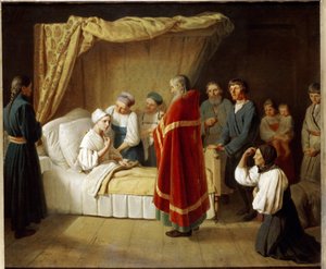 Eucharystia umierającym. Do chorej kobiety podchodzi ksiądz prawosławny, aby w otoczeniu członków swojej rodziny udzielić jej sakramentu liturgicznego. Obraz Aleksieja (Alexis) Gavrilovich Venetsianov (