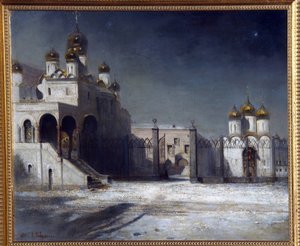 Plac Katedralny na Kremlu w nocy. (Plac Katedralny na Kremlu w nocy). Obraz Aleksieja Kondratyevicha Savrasova (Savrasov) (1830-1897), olej na płótnie autorstwa Alexei Kondratjewitsch Sawrassow