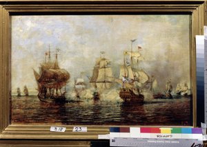 Wielka Wojna Północna (1700-1721): pierwsza rosyjska szwedzka bitwa morska na wyspach Osel 4 czerwca 1719 r. (Pierwsza rosyjska szwedzka bitwa morska na wyspie Osel). Obraz Aleksieja Pietrowicza Bogolyubowa (Bogoliubov lub Bogolioubov) (1824-1896). olej na