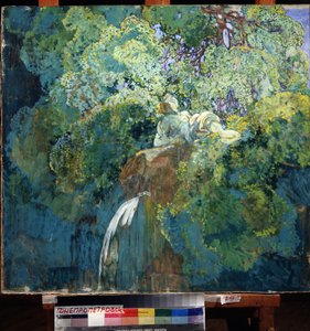Na jeziorze (Na stawie). Zatopiony w zieleni posąg góruje nad wodospadem. Obraz Aleksieja Iljicza Krawczenki (1889-1940), olej na płótnie