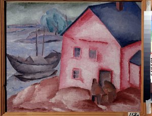 Różowy dom nad rzeką (Różowy dom nad rzeką). Z parą, łódką i zacumowaną łódką. Obraz Aleksieja Iljicza Krawczenki (1889-1940), olej na płótnie