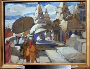 Pagoda w Benares (Indie) (Pagoda w Benares). Opis indyjskich ulic i budynków, z niektórymi postaciami w tradycyjnych strojach zaangażowanych w codzienne czynności. Obraz Aleksieja Iljicza Krawczenki (1889-1940), olej na płótnie