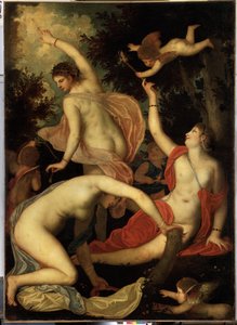 Łaski i Kupidyn (Łaski i Kupidyn). Obraz Alessandro Varotari znany jako Il Padovanino (1588-1649). Sztuka wenecka, manieryzm. Olej na płótnie. Ermitaż, Sankt Petersburg