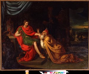 Priama i Achillesa. Scena z postaciami z wojny trojańskiej. Obraz Alessandro Varotari znany jako Il Padovanino (1588-1649). Olej na płótnie. Sztuka wenecka, styl barokowy. Muzeum Sztuki Dalekiego Wschodu, Chabarowsk, Rosja.