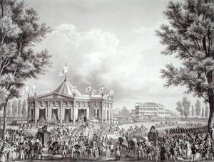 Procesja przechodząca obok pawilonu wzniesionego z okazji koronacji Ferdynanda I (1793-1875) autorstwa Alessandro (after) Sanquirico