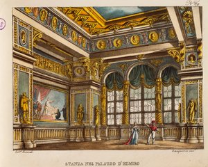 Pokój w Pałacu Elmiro, z „Otella” Gioachino Rossiniego, grawerowane przez Ricordiego (litografia ręcznie kolorowana) autorstwa Alessandro (after) Sanquirico