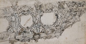 Projekt dziobu galerii papieża Urbana VIII z ramionami Barberini pszczół i słońca, Ignudi, Trytonów, Hipokampów, Putti i alegorią zwycięstwa jako figurantem pod literami VRBA w