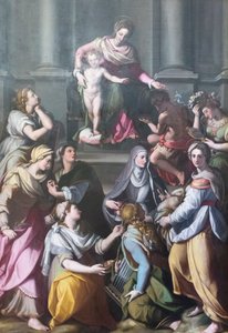 Madonna na tronie z Dzieciątkiem w otoczeniu świętych i postaci autorstwa Alessandro Allori