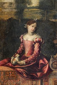 Portret szlachcianki, detal Małej Sali Szlachetnych Dam (olej na płótnie przyklejony do ścian) autorstwa Alessandro Bonvicino Moretto
