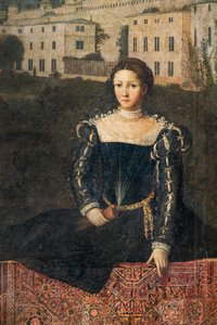 Portret szlachcianki, detal Małej Sali Szlachetnych Dam (olej na płótnie przyklejony do ścian) autorstwa Alessandro Bonvicino Moretto