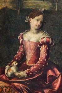 Portret szlachcianki, detal Małej Sali Szlachetnych Dam (olej na płótnie przyklejony do ścian) autorstwa Alessandro Bonvicino Moretto