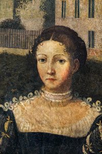 Portret szlachcianki, detal Małej Sali Szlachetnych Dam (olej na płótnie przyklejony do ścian) autorstwa Alessandro Bonvicino Moretto