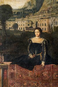 Portret szlachcianki, detal Małej Sali Szlachetnych Dam (olej na płótnie przyklejony do ścian) autorstwa Alessandro Bonvicino Moretto