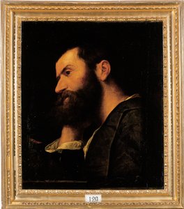 Portret poety Pietro Aretino, do biustu, z głową opartą o prawą rękę przy gzymsie z rośliną