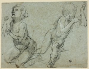 Szkice dwóch puttów, z których jeden trzyma rękę martwego Chrystusa (recto); tors i nogi klęczącej postaci (verso) autorstwa Alessandro Casolani