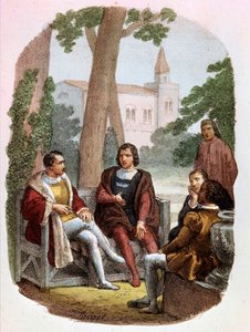 Fabrizio Colonna i Cosimo Rucellai omawiają sztukę wojenną - w „Dziełach wszystkich Niccolo Machiavellego”, ilustracja Alessandro Focosi (1836 - 1869). „Sztuka wojny” Niccolo di Bernardo dei Machiavelli (Nicolas Machiavel