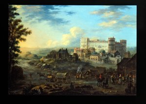 Widok Gdańska; Kaprys z widokiem pałacu (metal: miedź srebrzona) autorstwa Alessandro Greuenbroeck