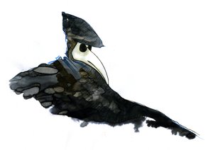 Um médico da peste usando uma máscara em forma de bico cheia de itens aromáticos polidores autorstwa Alessandro Lonati