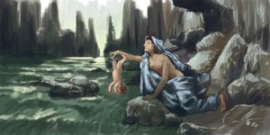A mãe de Aquiles mergulhando o filho pelo calcanhar no rio Styx para torná-lo invulnerável Desenho Alessandro Lonati 2015polonês autorstwa Alessandro Lonati