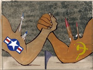 Alegoryczne przedstawienie zimnej wojny jako siłowania się na rękę między siłami zbrojnymi Ameryki a Związkiem Radzieckim Ilustracja: Alessandro Lonati