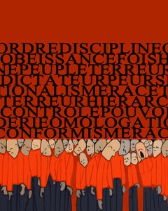 Alegoria ciężaru dyktatury, represji, dyscypliny nad człowiekiem, tłumu miażdżonego władzą i strachu przed tyranami - Ilustracja 2014 autorstwa Alessandro Lonati