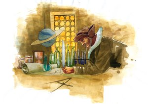 Um alquimista em seu laboratório cercado por frascos e alambiques examinando o conteúdo de um frasco (alquimista em seu laboratório cercado por frascos e alambiques)polonês autorstwa Alessandro Lonati