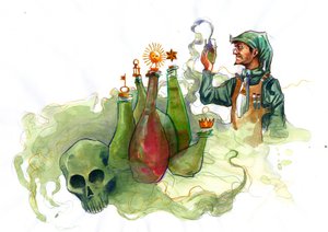 Alchemik w swoim laboratorium otoczony fiolkami i aparatami destylacyjnymi badający zawartość fiolki (alchemik w swoim laboratorium otoczony fiolkami i aparatami destylacyjnymi) autorstwa Alessandro Lonati