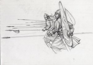 Szarża normańskich wojowników piechoty w bitwie pod Hastings w 1066 r. Rysunek autorstwa Alessandro Lonatiego. autorstwa Alessandro Lonati