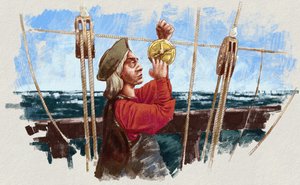 Krzysztof Kolumb obliczający trasę za pomocą astrolabium (ilustracja) autorstwa Alessandro Lonati
