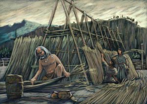 Budowa domów palafitów, domów prehistorycznych. autorstwa Alessandro Lonati