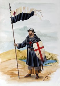 Cruzadas: um cavaleiro da Ordem dos Templários vestindo vestido preto com a Cruz Vermelha. Ilustração de Alessandro Lonatipolish autorstwa Alessandro Lonati