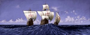 Odkryj Amerykę: „Pinta”, „Nina” i „Santa Maria”, karawele Krzysztofa Kolumba podczas wyprawy w 1492 r. Ilustracja: Alesandro Lonati. 2010 autorstwa Alessandro Lonati