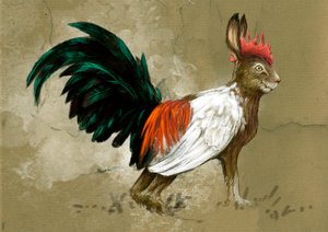 Fantastyczne potwory i stworzenia, kryptozoologia: przedstawienie Skvadera, wyimaginowanego stworzenia ze Szwecji, w połowie drogi między zającem a wielkim kogutem wrzosu, zostało stworzone w 1918 roku przez wypychacza skóry Rudolfa Granberga - rysunek Ale autorstwa Alessandro Lonati
