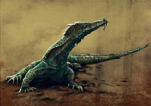 Fantastyczne potwory i stworzenia, kryptozoologia: przedstawienie buru, wielkiej jaszczurki, którą można było zobaczyć w północno-wschodnich Indiach - rysunek Alessandro Lonati, 2012 autorstwa Alessandro Lonati