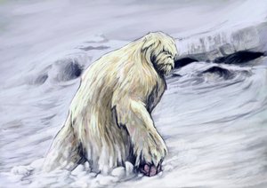 Fantastyczne potwory i stworzenia, kryptozoologia: przedstawienie yeti lub „obrzydliwego bałwana”, antropomorficzne stworzenie z folkloru regionu Himalajów (Yeti lub Abominable Snowman to podobna do małpy kryptyda, która podobno zamieszkuje himalajski regi