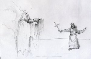 Walka między mnichem trzymającym krucyfiks a duchem Ilustracja: Alessandro Lonati autorstwa Alessandro Lonati