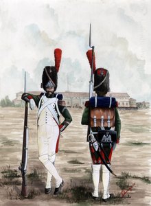 Pierwsze Cesarstwo (1804-1814 i 1815): żołnierze grenadierów Gwardii Królewskiej Wielkiej Armii Napoleońskiej na placu Zamku Sforzów w Mediolanie we Włoszech. Rysunek autorstwa Alessandro Lonatiego autorstwa Alessandro Lonati