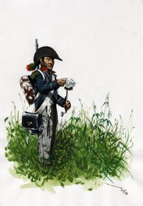 Pierwsze Cesarstwo (1804-1814 i 1815): żołnierz piechoty myśliwy wielkiej francuskiej armii napoleońskiej. Rysunek autorstwa Alessandro Lonatiego autorstwa Alessandro Lonati